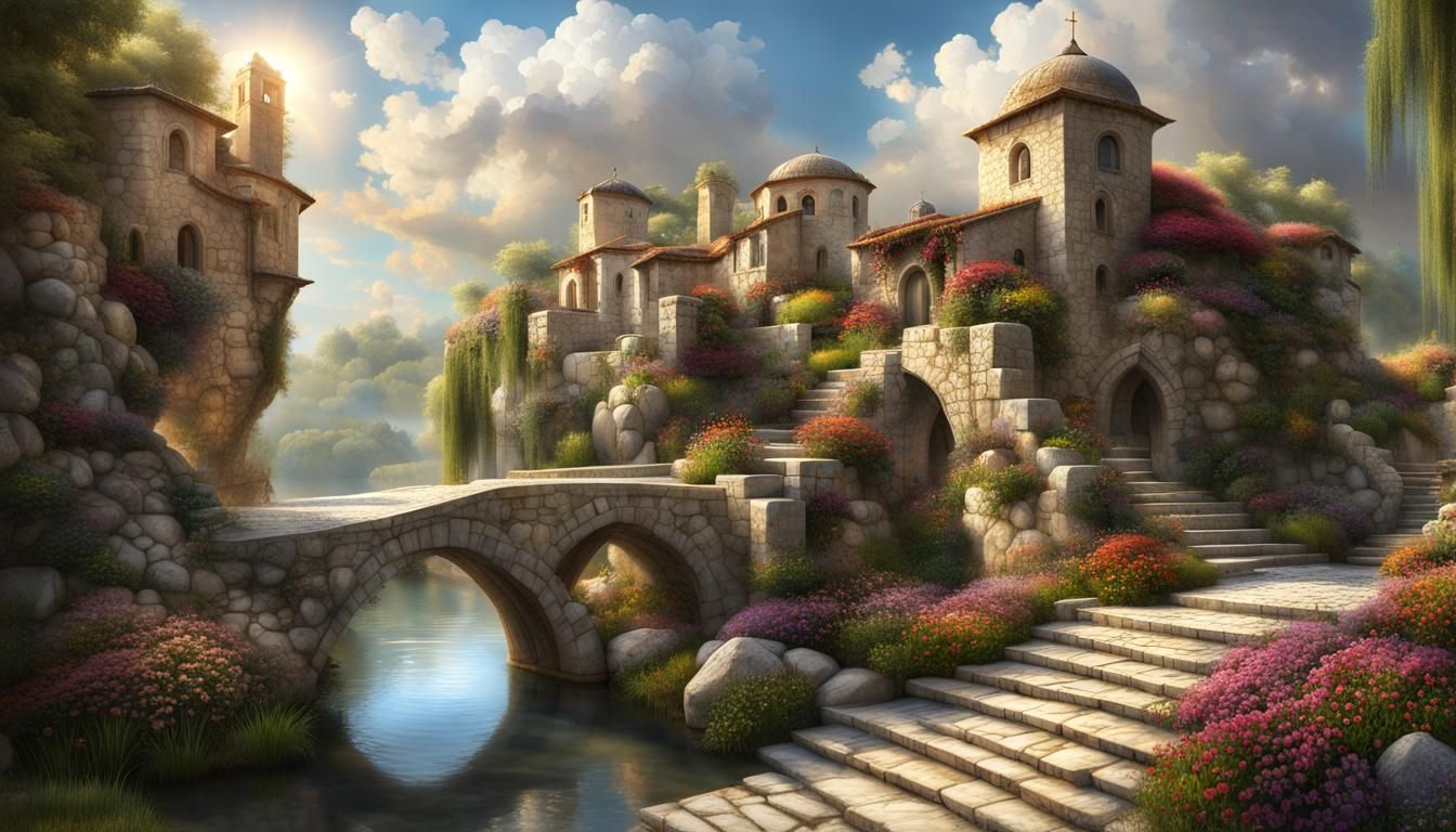 Picturesque Riverside Fantasy Village in Ethereal Style