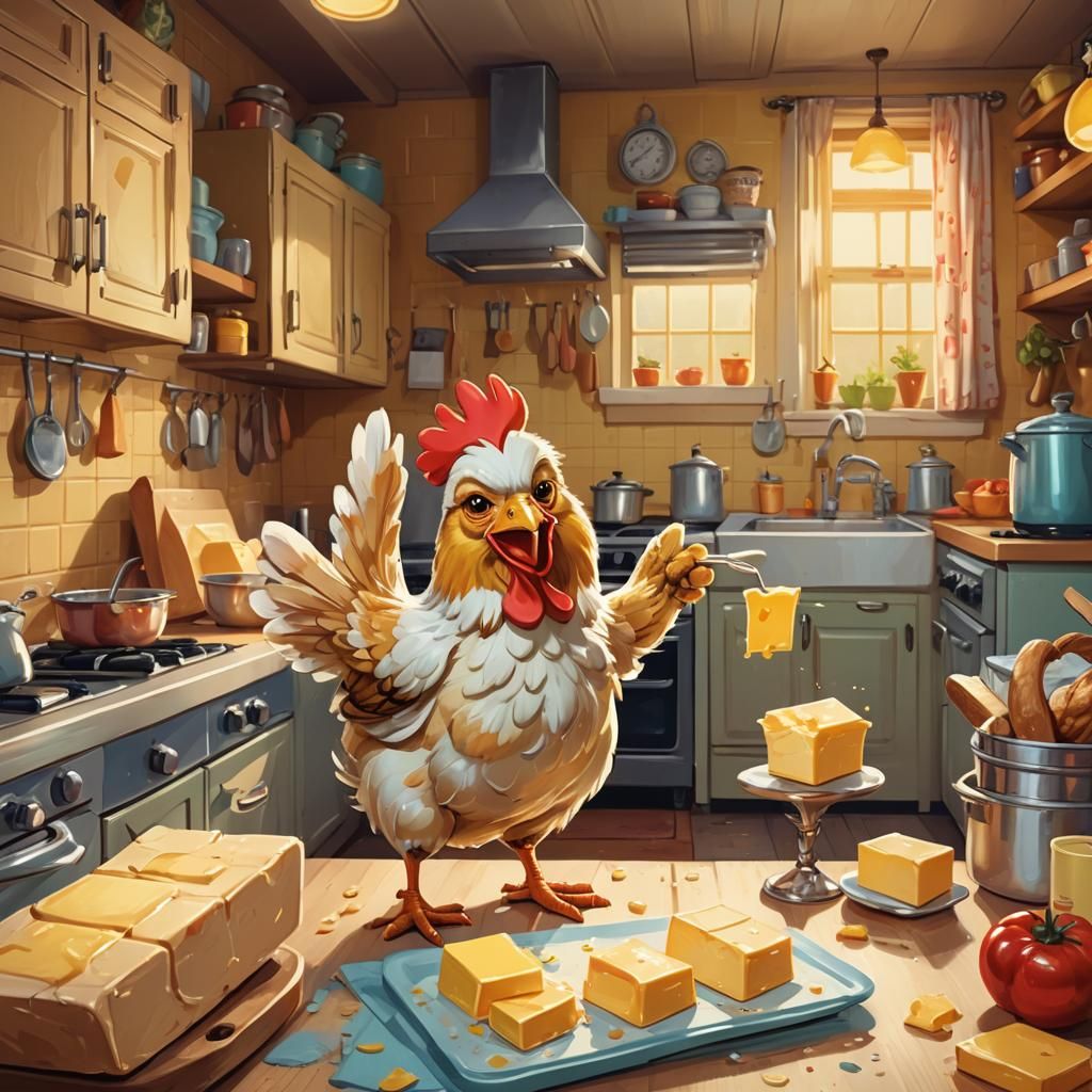 Living Chicken with Butter in Cartoon Kitchen