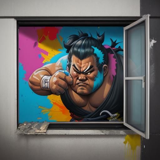 Sumo Reseller About to Smash Window: Graffiti Art