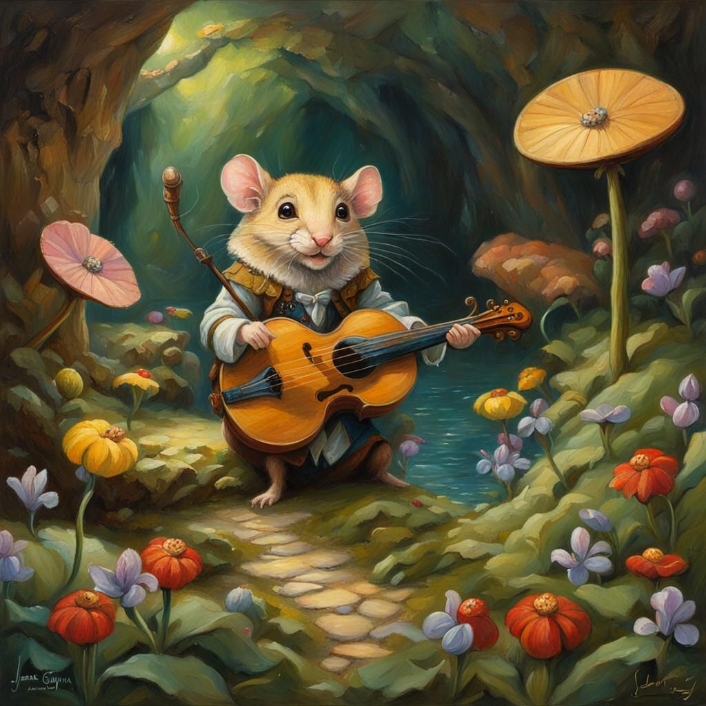 Dormouse Bard in Fairy Wonderland as Oil Painting
