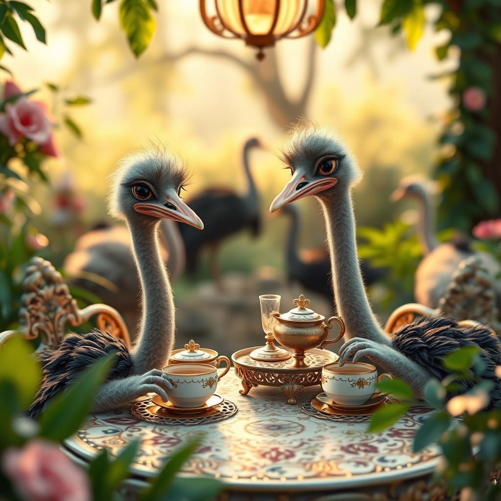 Pixar-Style Ostriches Enjoy Whimsical Tea Party in a Vibrant...