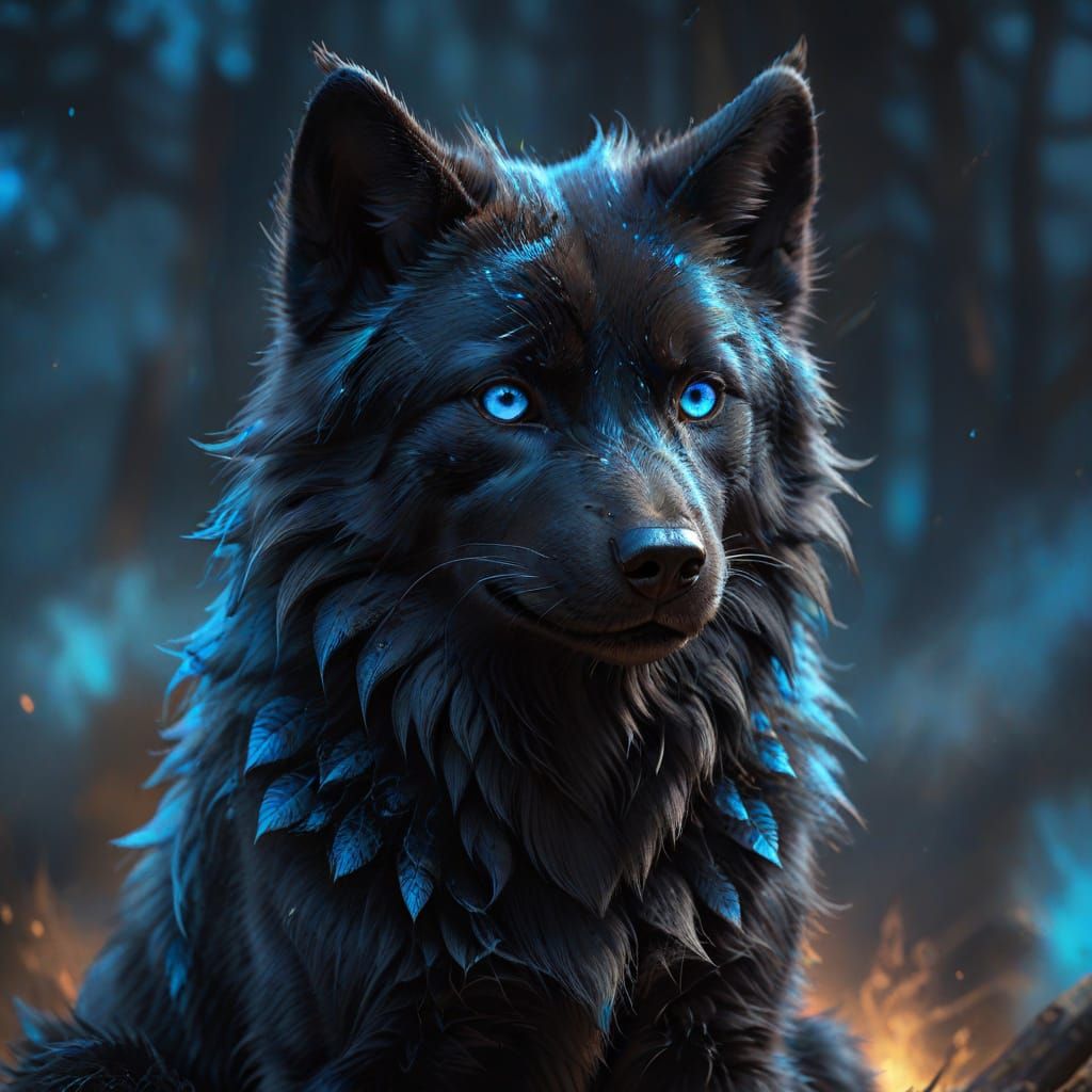 Mega Cute Black Wolf with Striking Blue Eyes