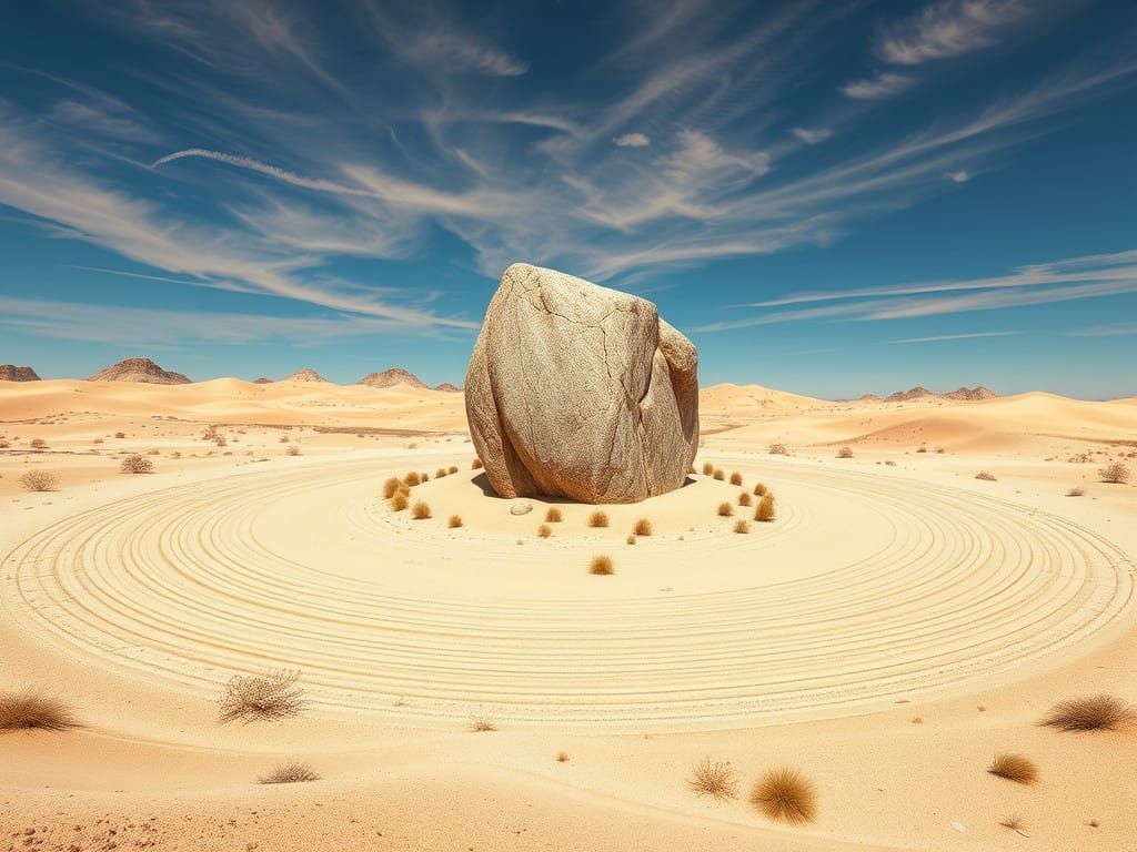 Cyberpunk Zen Oasis with Chrome Orbits and Granite Tor