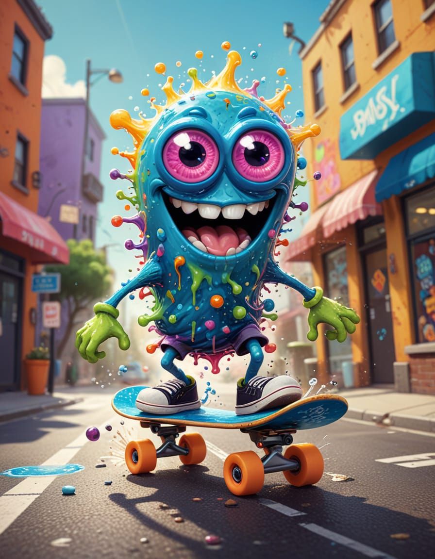 Silly Microbe Skateboarder in Vibrant Splash Art