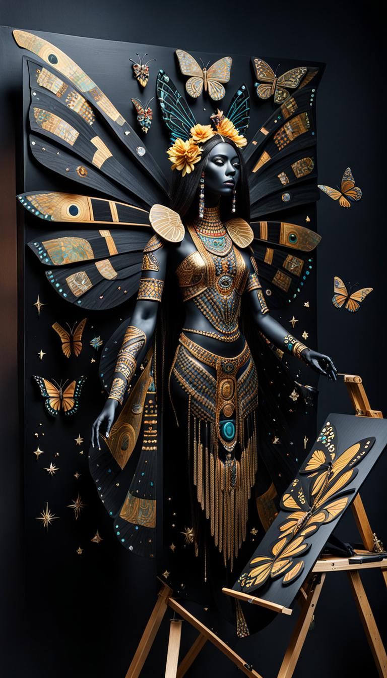 Obsidian Butterfly Goddess in Cubist Aztec Style