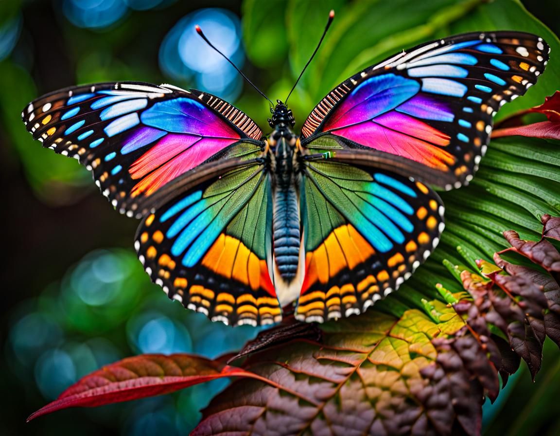 Rainbow Butterfly Portrait in Forest, 16k Resolution