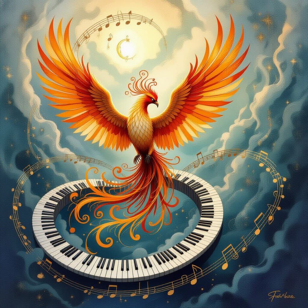 Phoenix Rising from Musical Vortex, Ethereal Scene