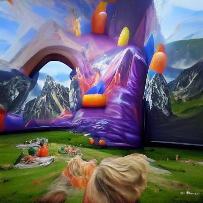 Enchanted Bouncy Castle in Mountain Landscape