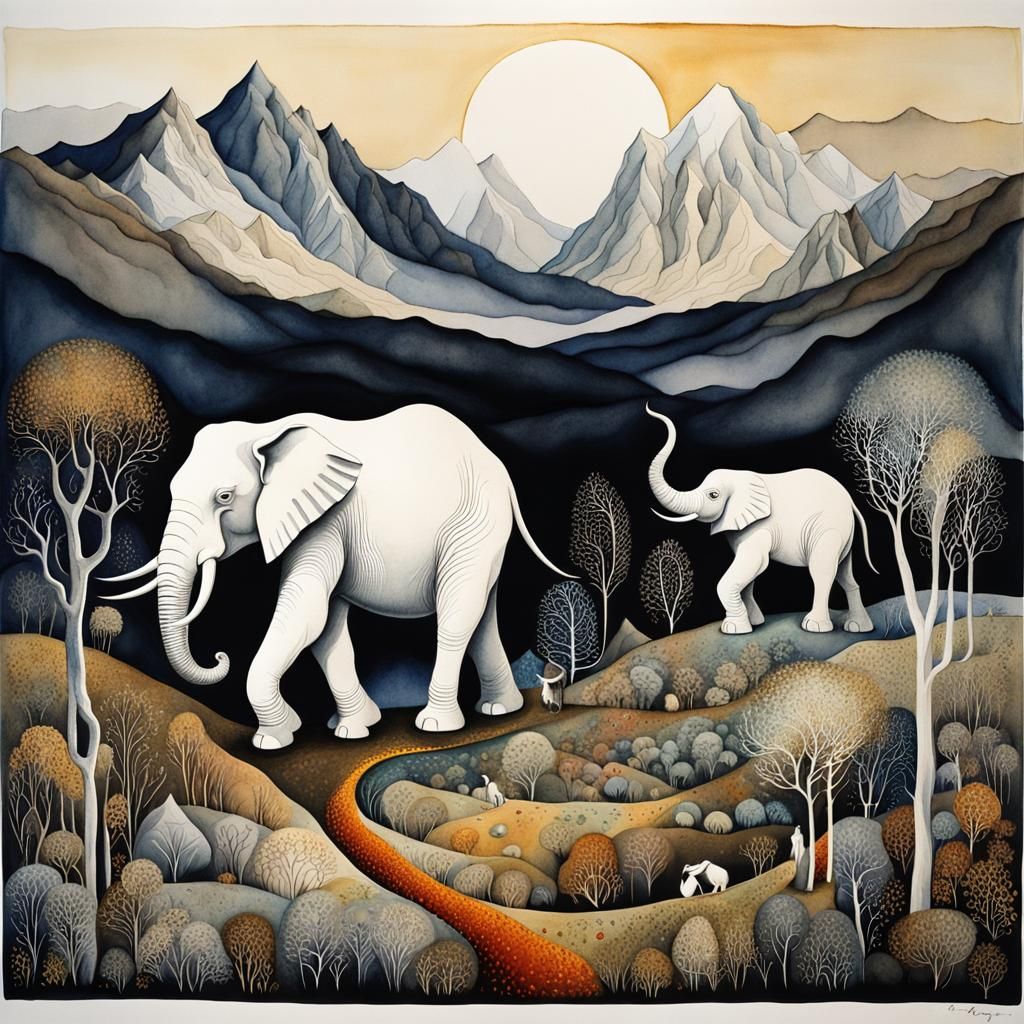 White Elephant in Surreal Watercolor Dreamscape