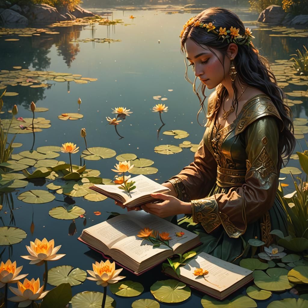 Girl with Flowers and Book at Lake Edge