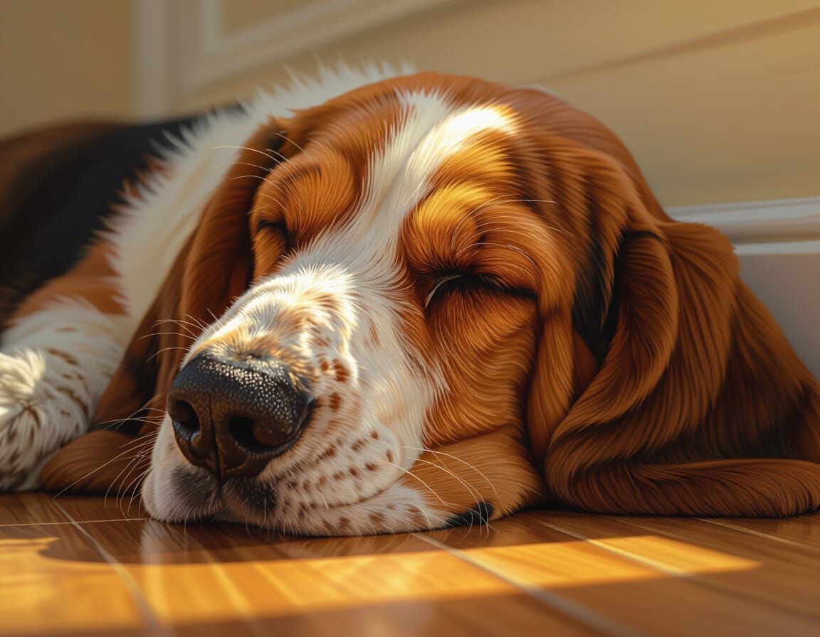 Hyperrealistic Basset Hound Sleeping in Golden Hour Light