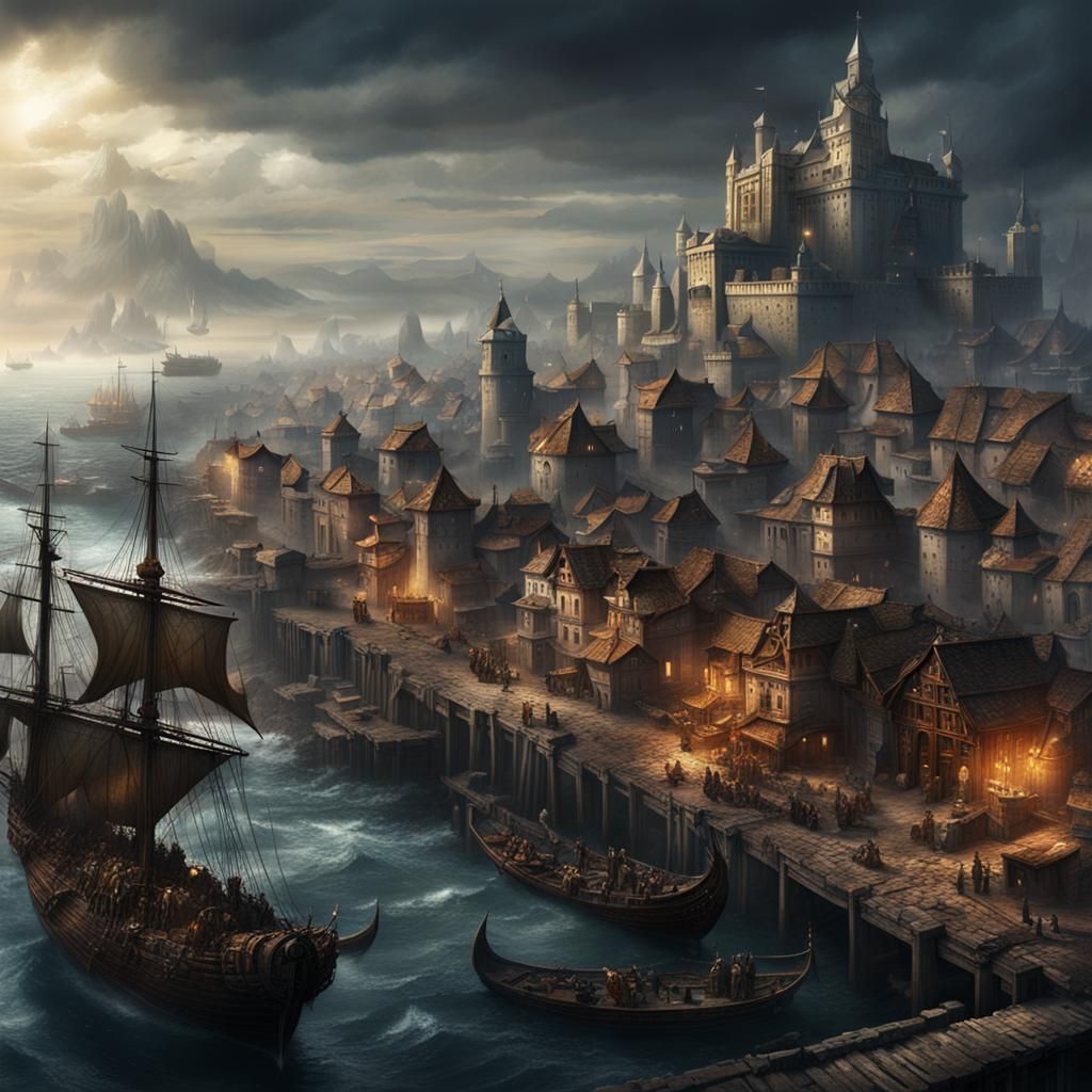 Viking-Occupied Port City in Dark Fantasy Style