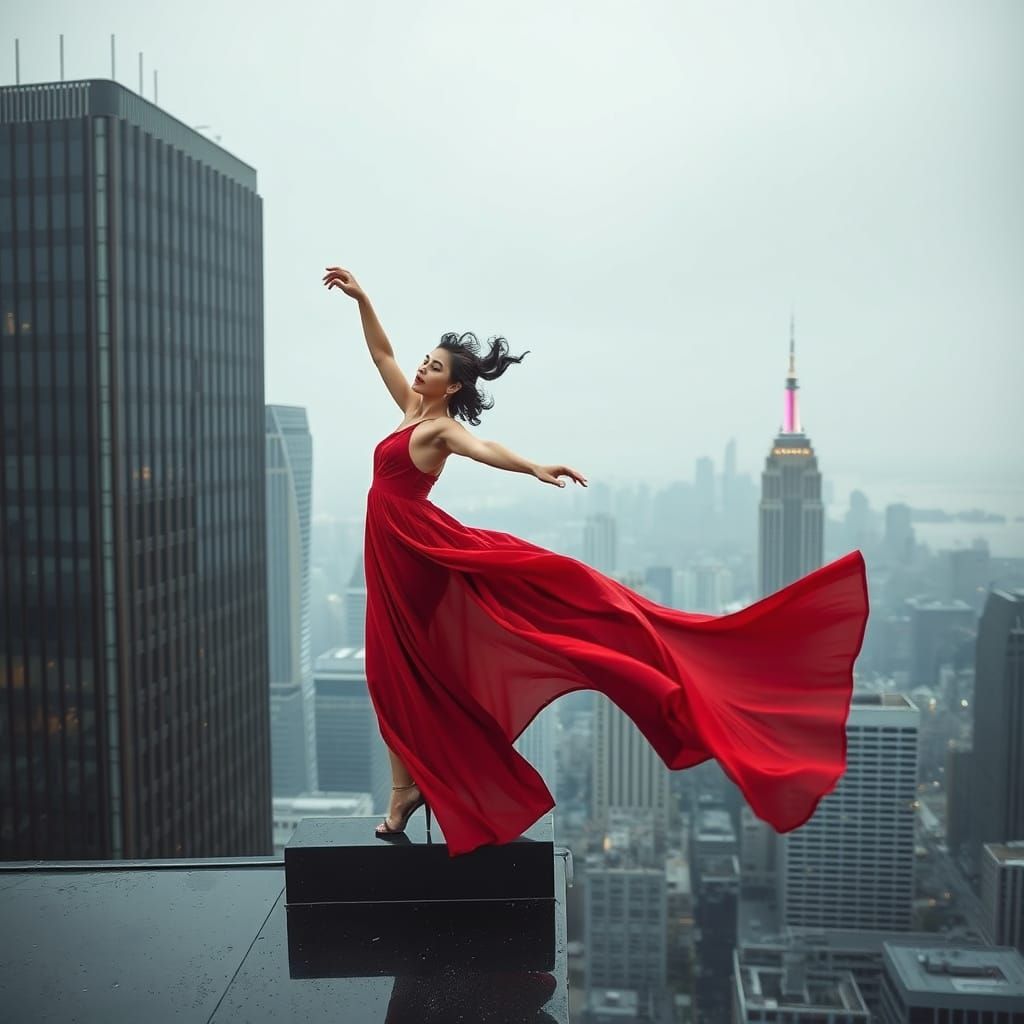Elegant Dancer in Red Dress on Skyscraper