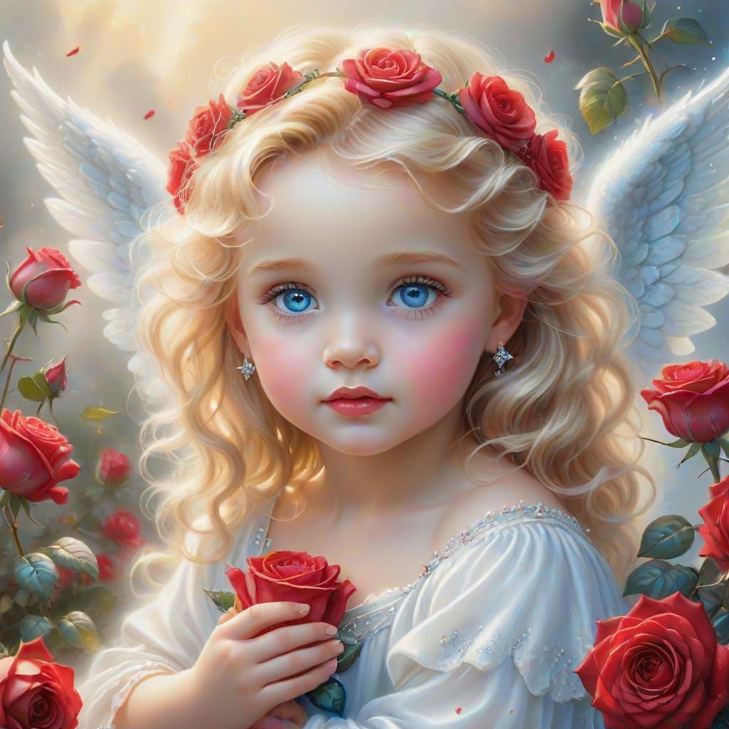 baby angel girl, blonde wavy hair, blue eyes, innocent cute smile, white dress with lace, shoes, sitting on a white surf...