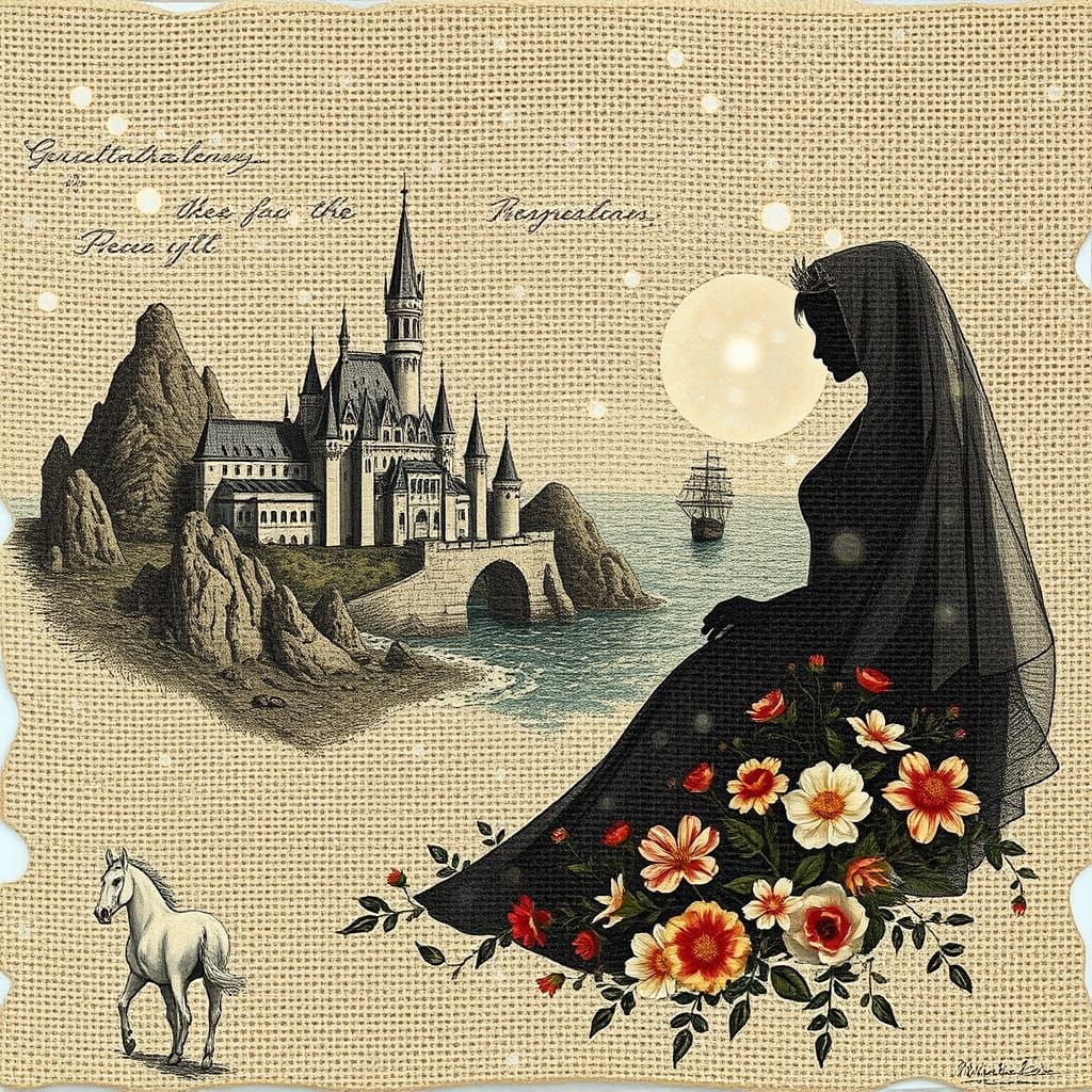 Medieval Castle Landscape Double Exposure Sketch on Burlap