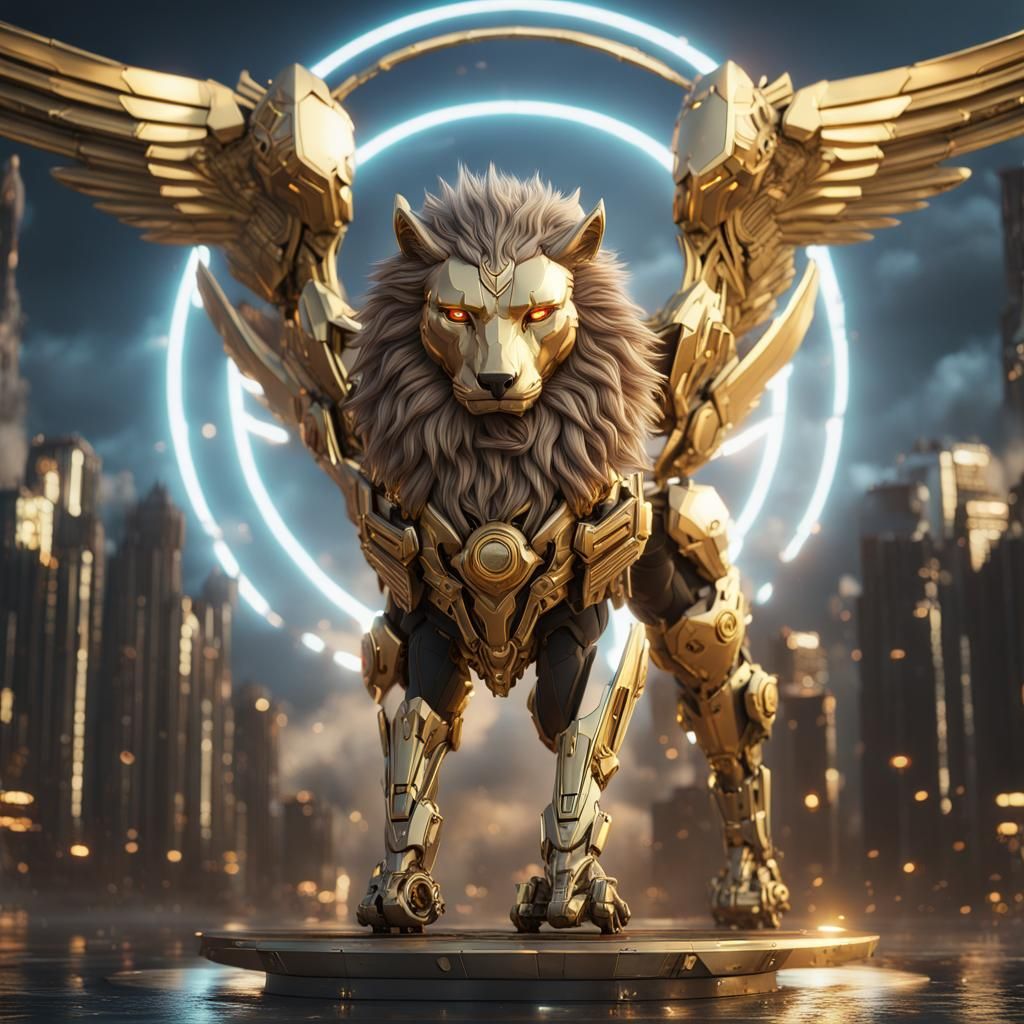 Mechanical Sphinx with Angel Wings in Sci-Fi Style