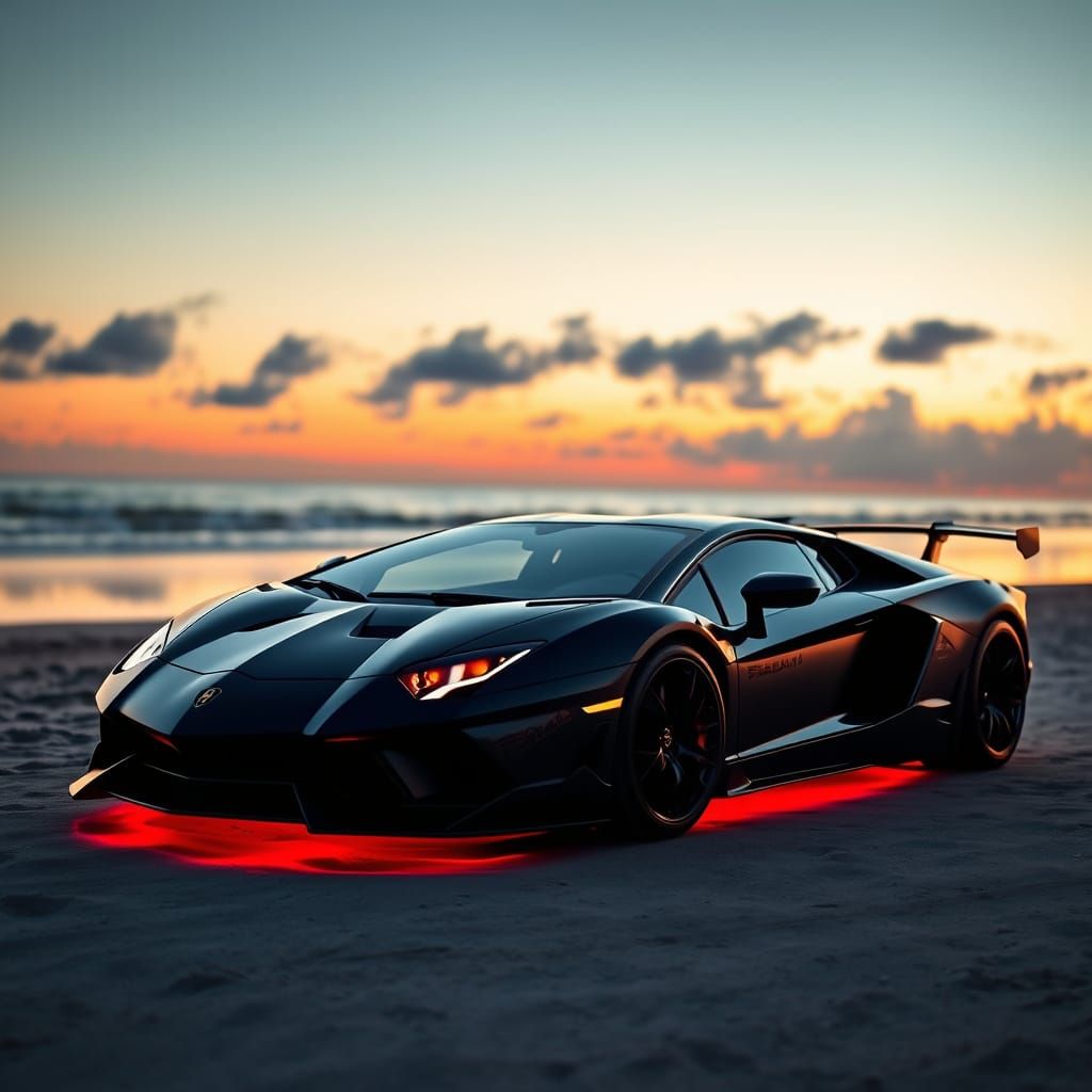 Luxury Car on Sunset Beach in Darkened Elegance