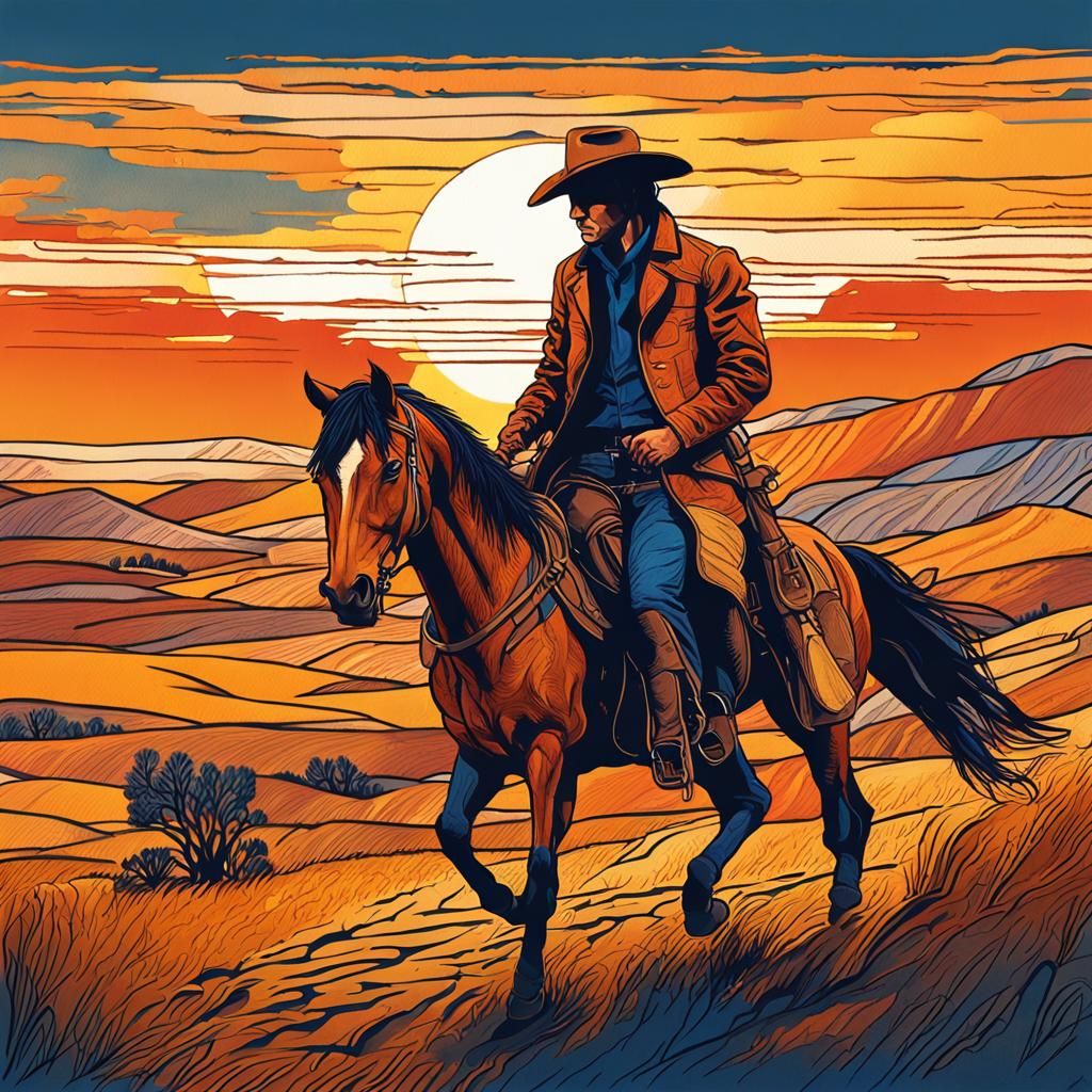 Cowboy on Horseback at Sunset in 2D Pen Art