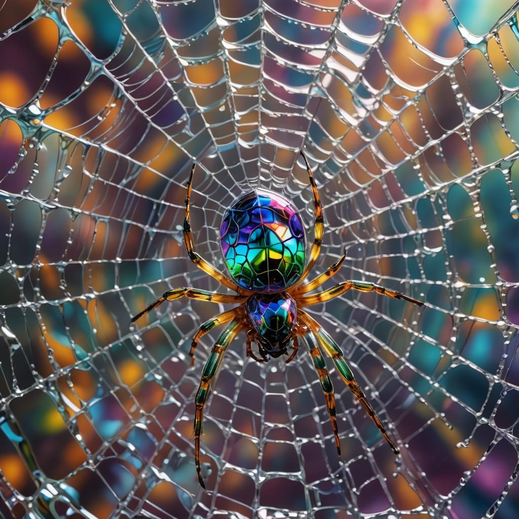 Crystal clear irredecent psychadelic meltglass spider in web