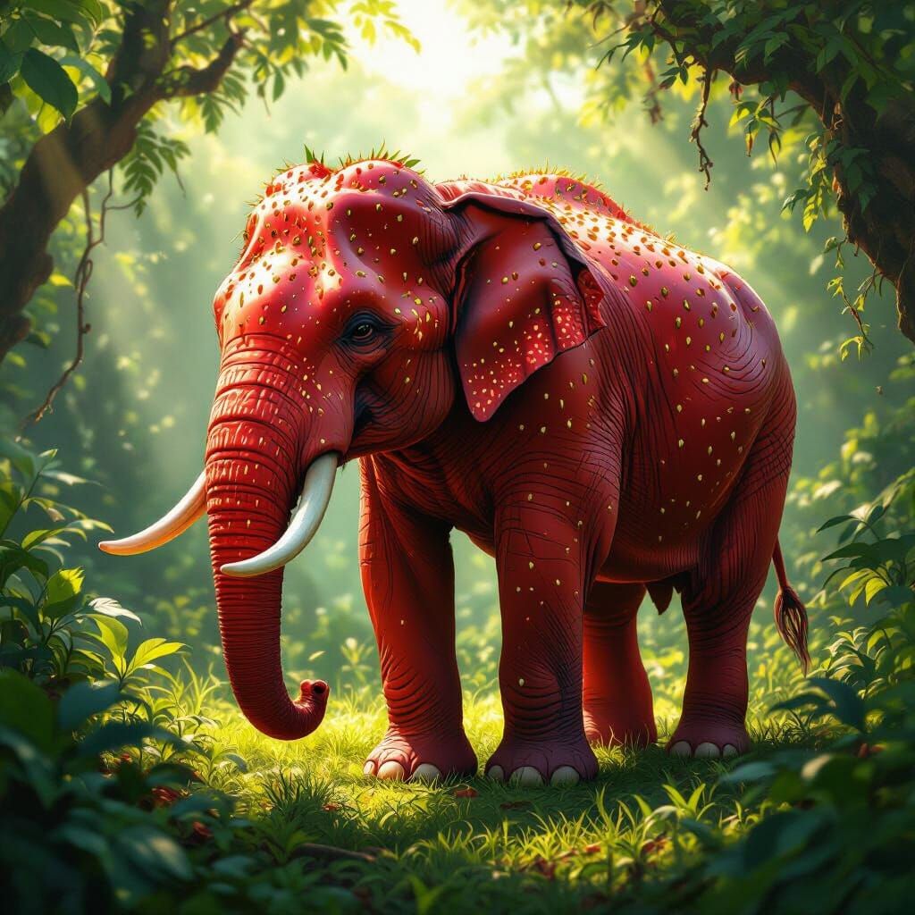 Elephant With Strawberry Skin in Lush Jungle