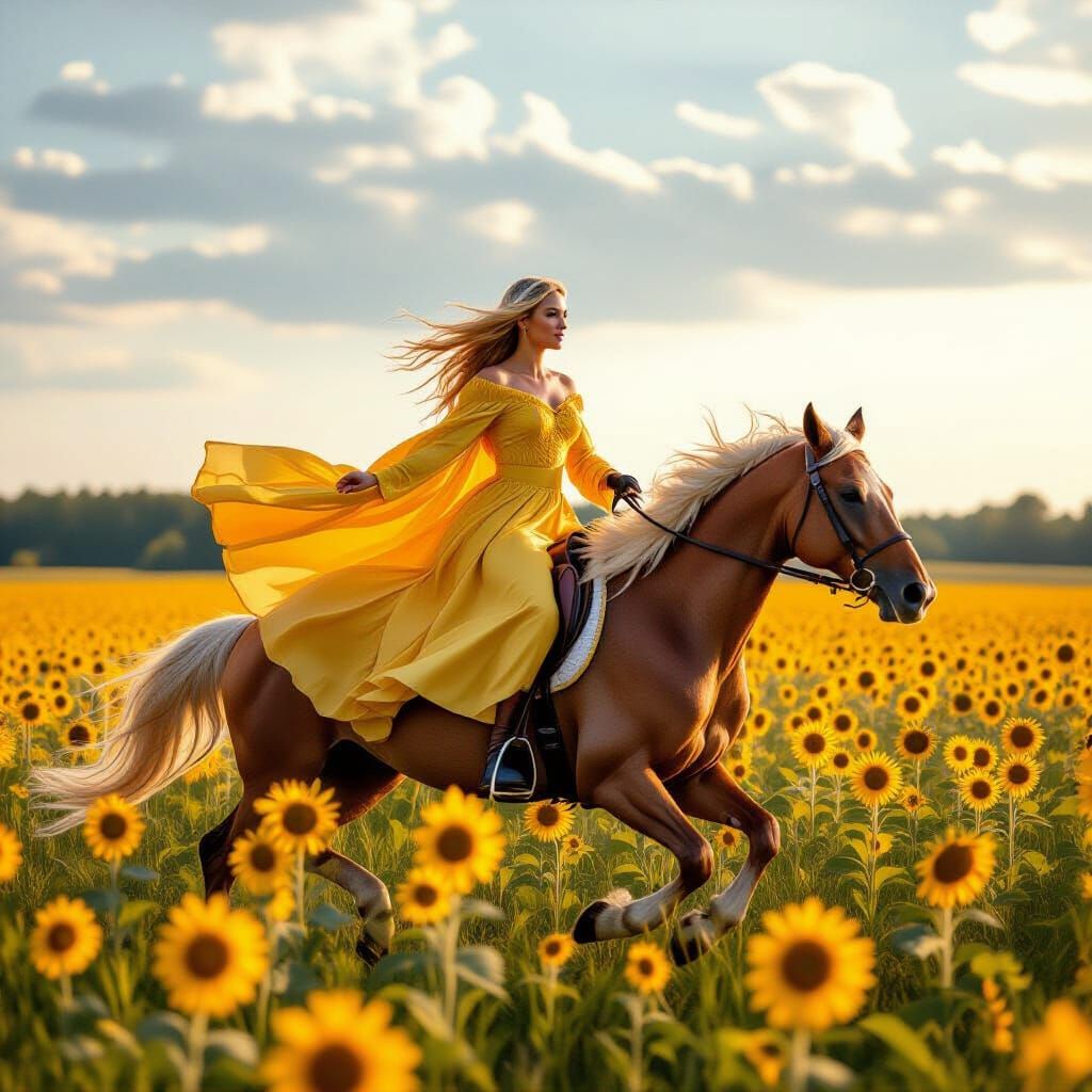 Amazon Warrior Rides Golden Horse Through Sunflowers
