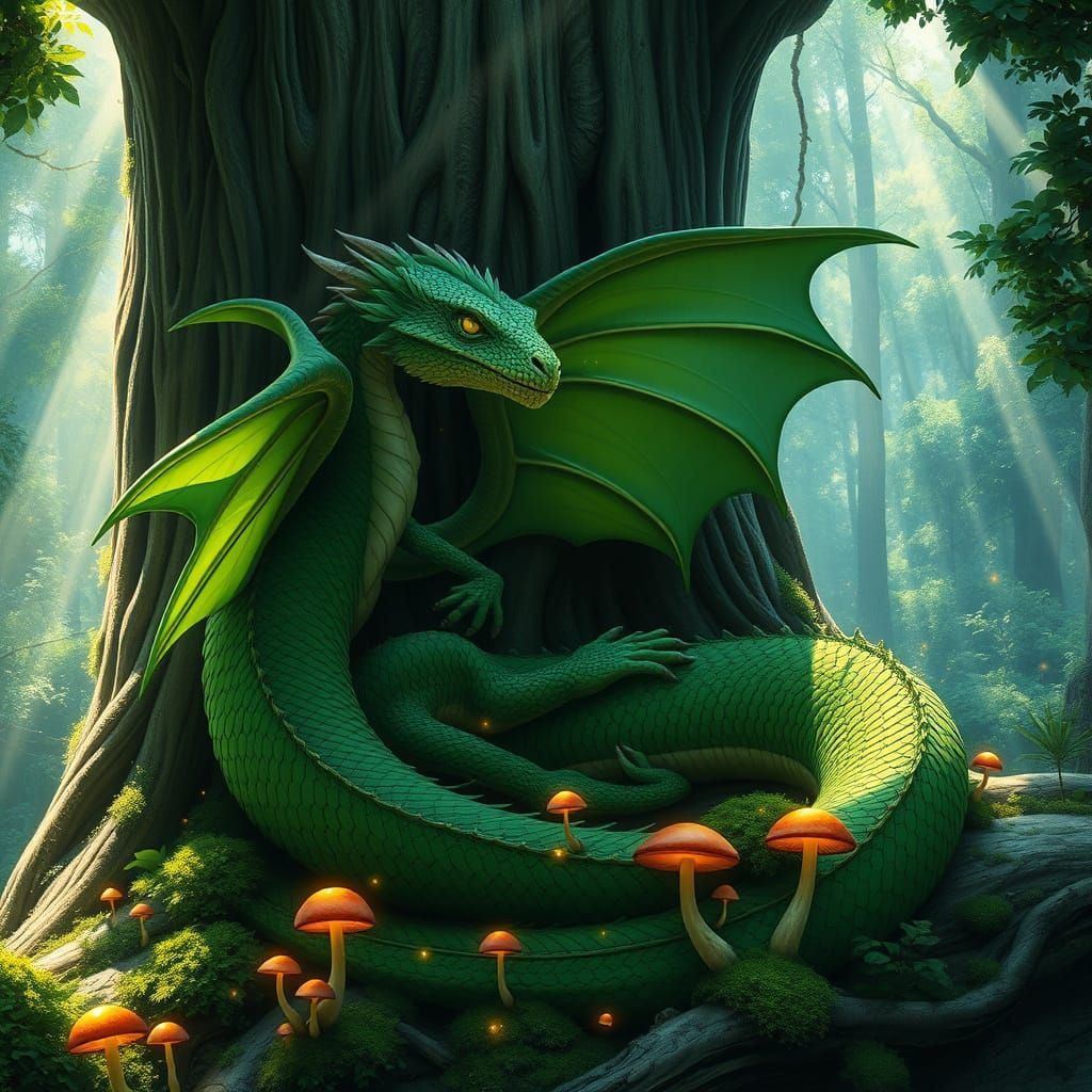 Surreal Emerald Dragon Curled Around Ancient Tree in Hyperre...