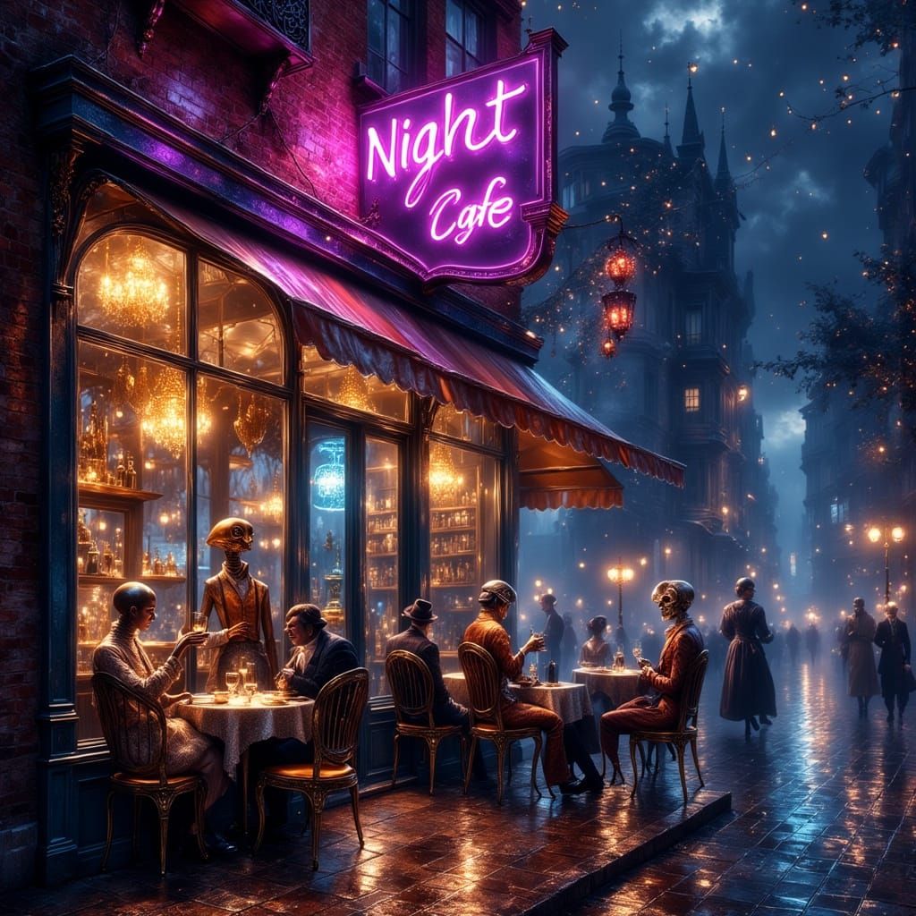 Hyperrealistic Night Cafe with Futuristic Elements