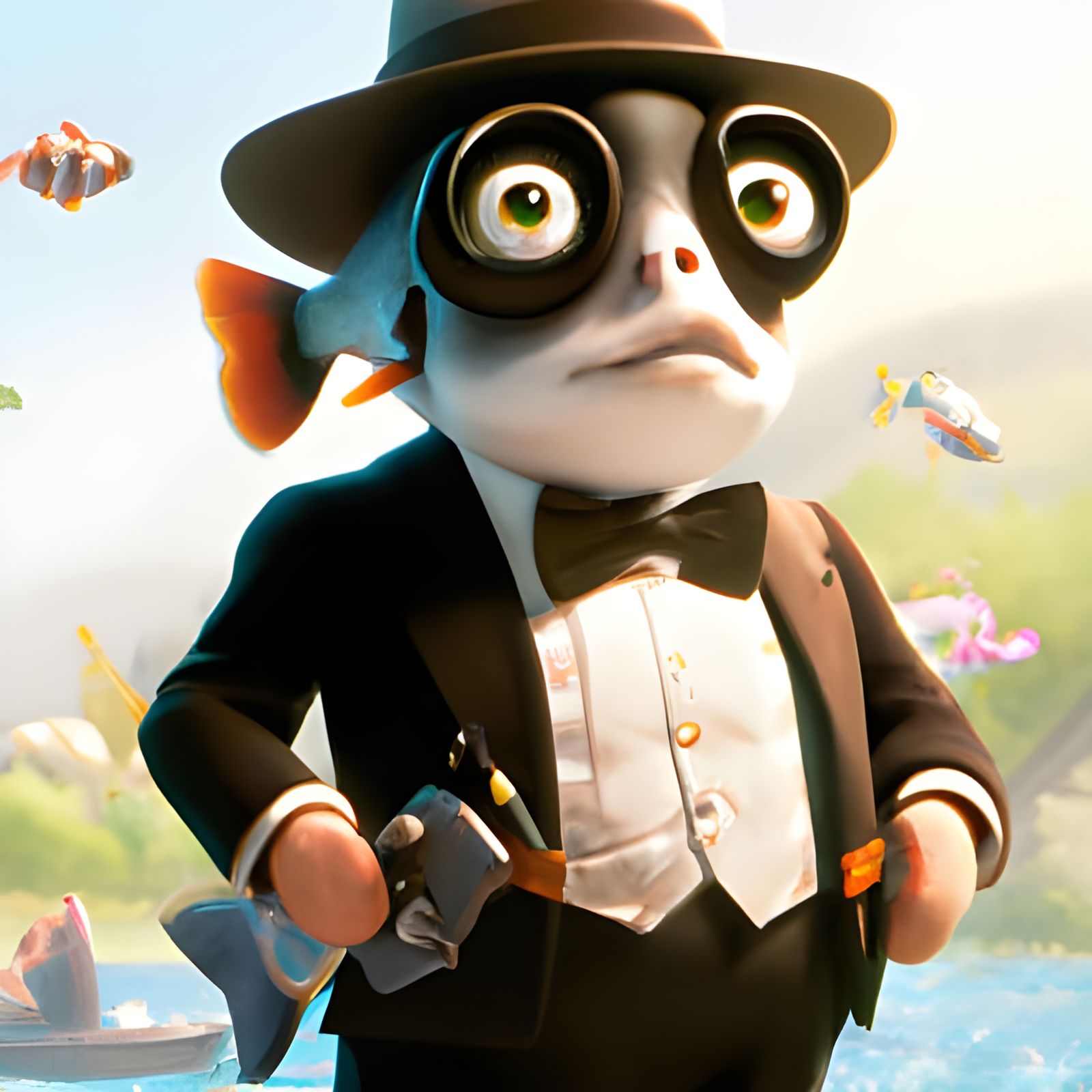 Fish in Tuxedo with Pistol, 3D Rendered
