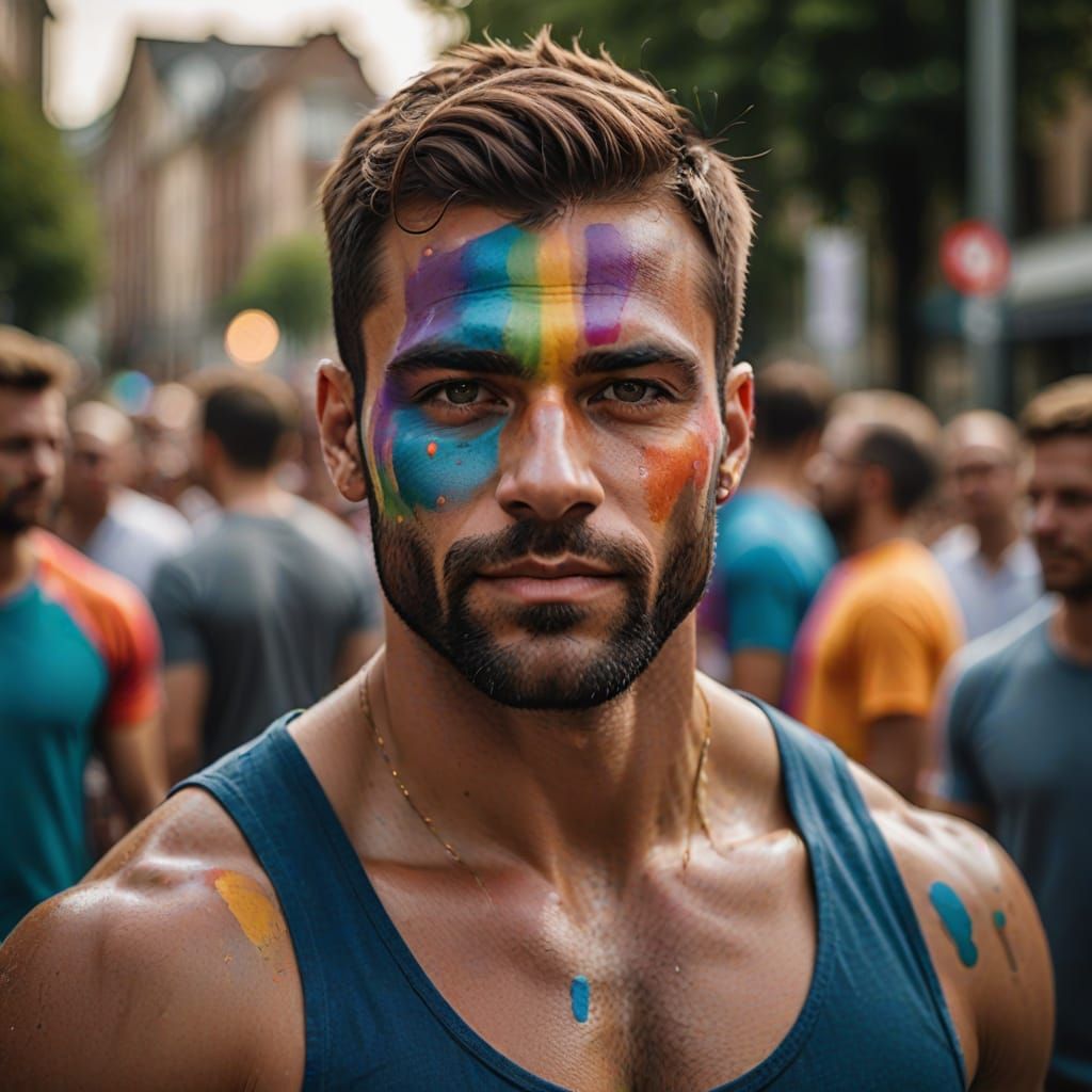 Rainbow Portrait of Muscular Man Celebrating Pride
