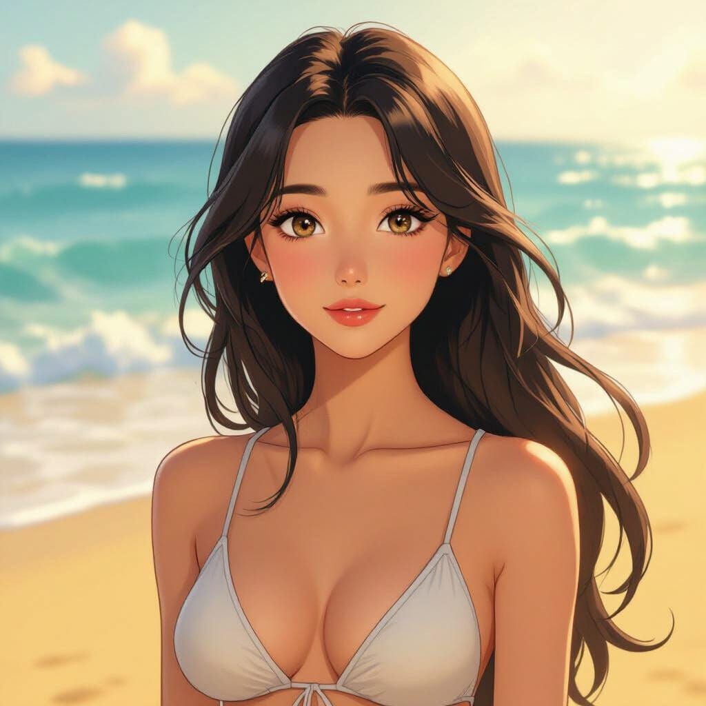 Anime Woman on Beach in Shinkai Style