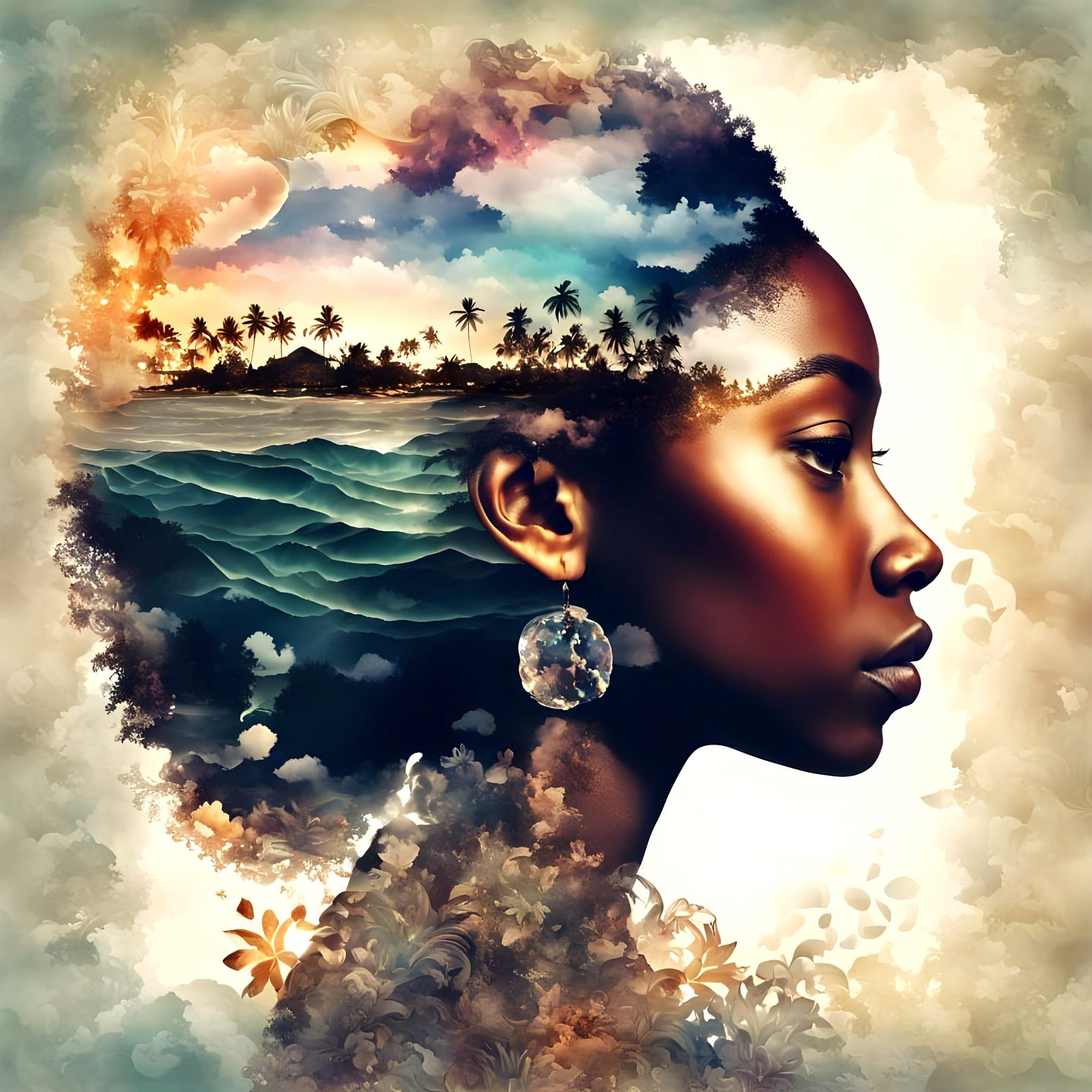 Crystal Shells Jamaican Goddess in Vibrant Double Exposure