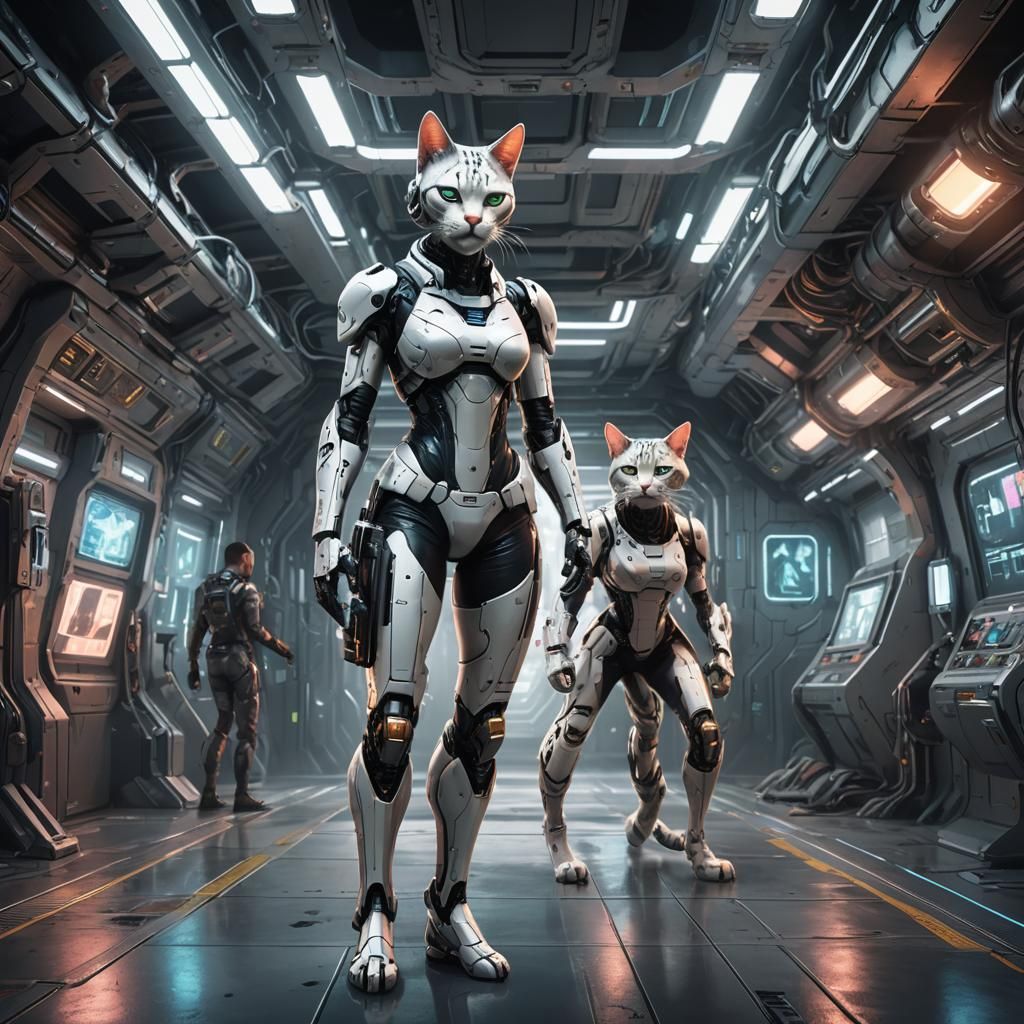 Cyberpunk Cyborg Cat in Futuristic Space Station