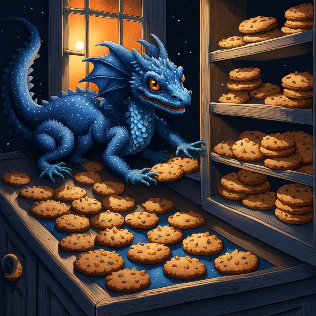 Blue Dragon Sneaks Cookies: Pointillism Illustration