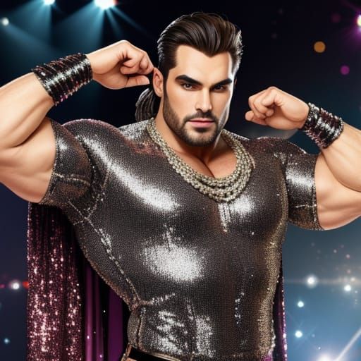 A glamorous beefcake covered all in sequins.