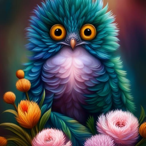 Cute Blue Bird with Fractal Flowers in Pixel Art