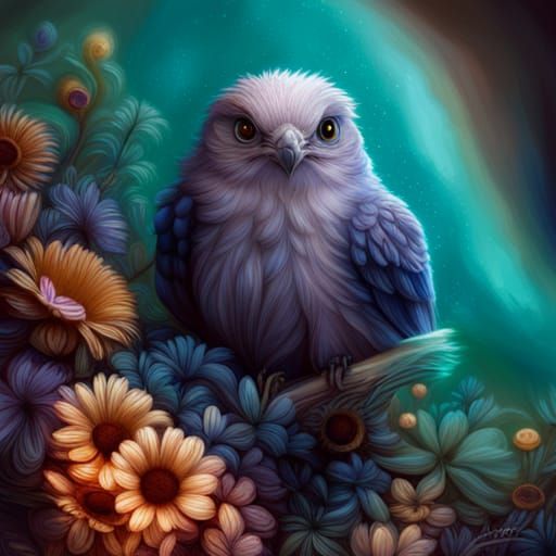 Cute Blue Bird with Fractal Flowers in Pixel Art