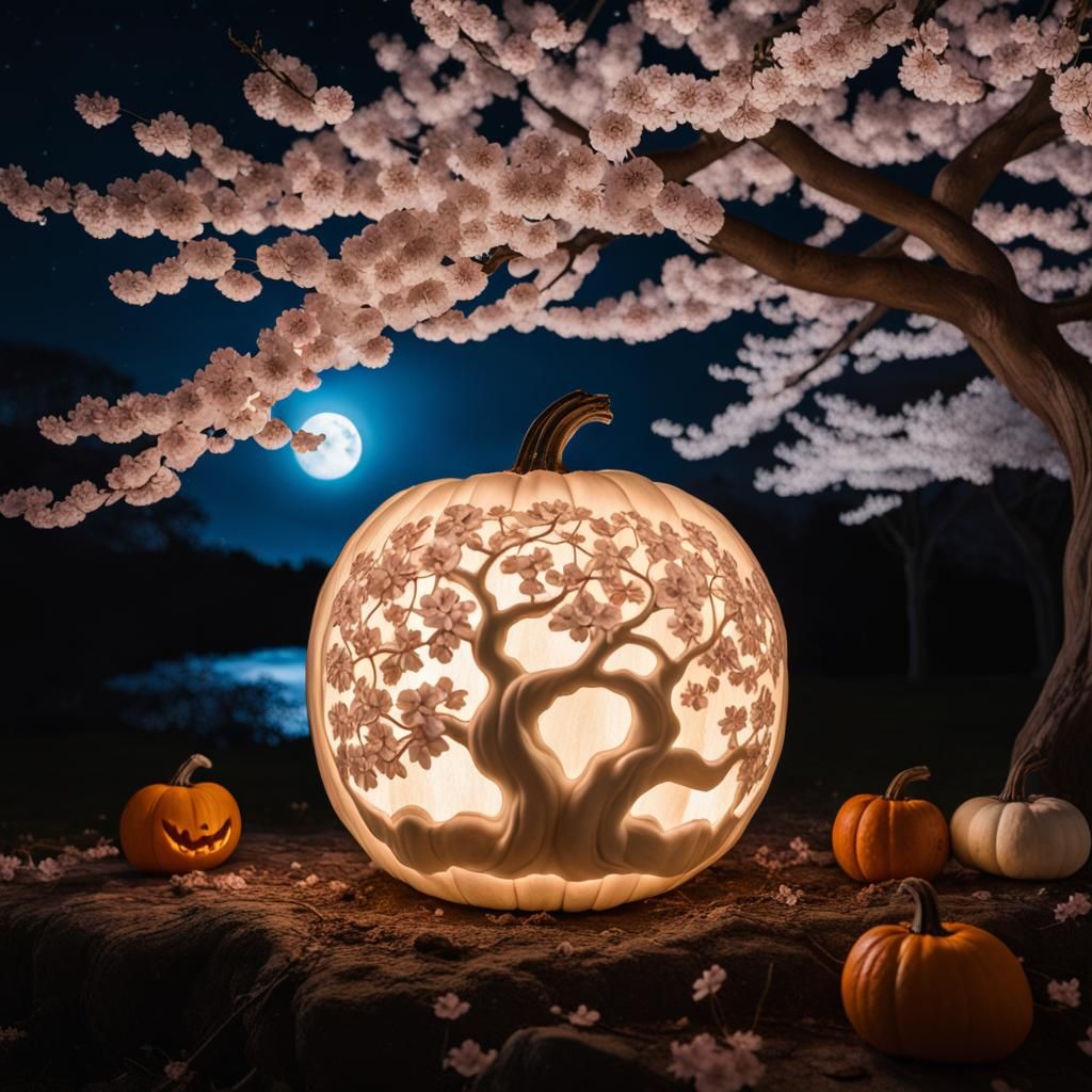 Intricately Carved Pumpkin Under Moonlight