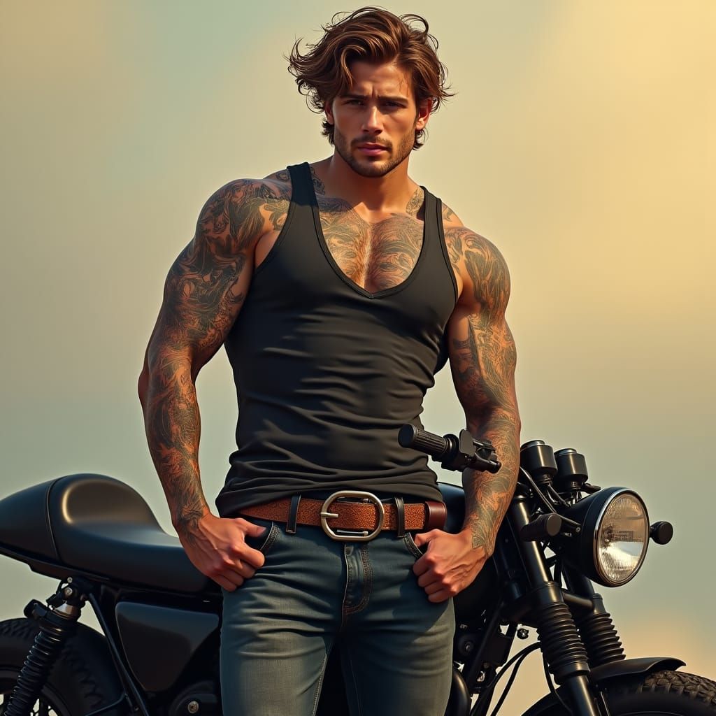 Handsome Tattooed Man with Motorcycle in Matte Painting Styl...