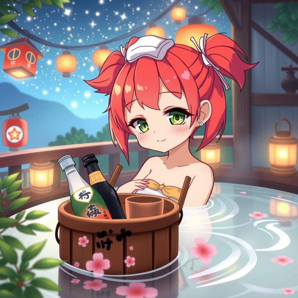 Chibi Girl Relaxing in Hakone Onsen: Anime Style