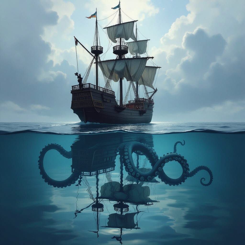 Pirate Ship Illusion with Hidden Kraken in Dramatic Maritime...