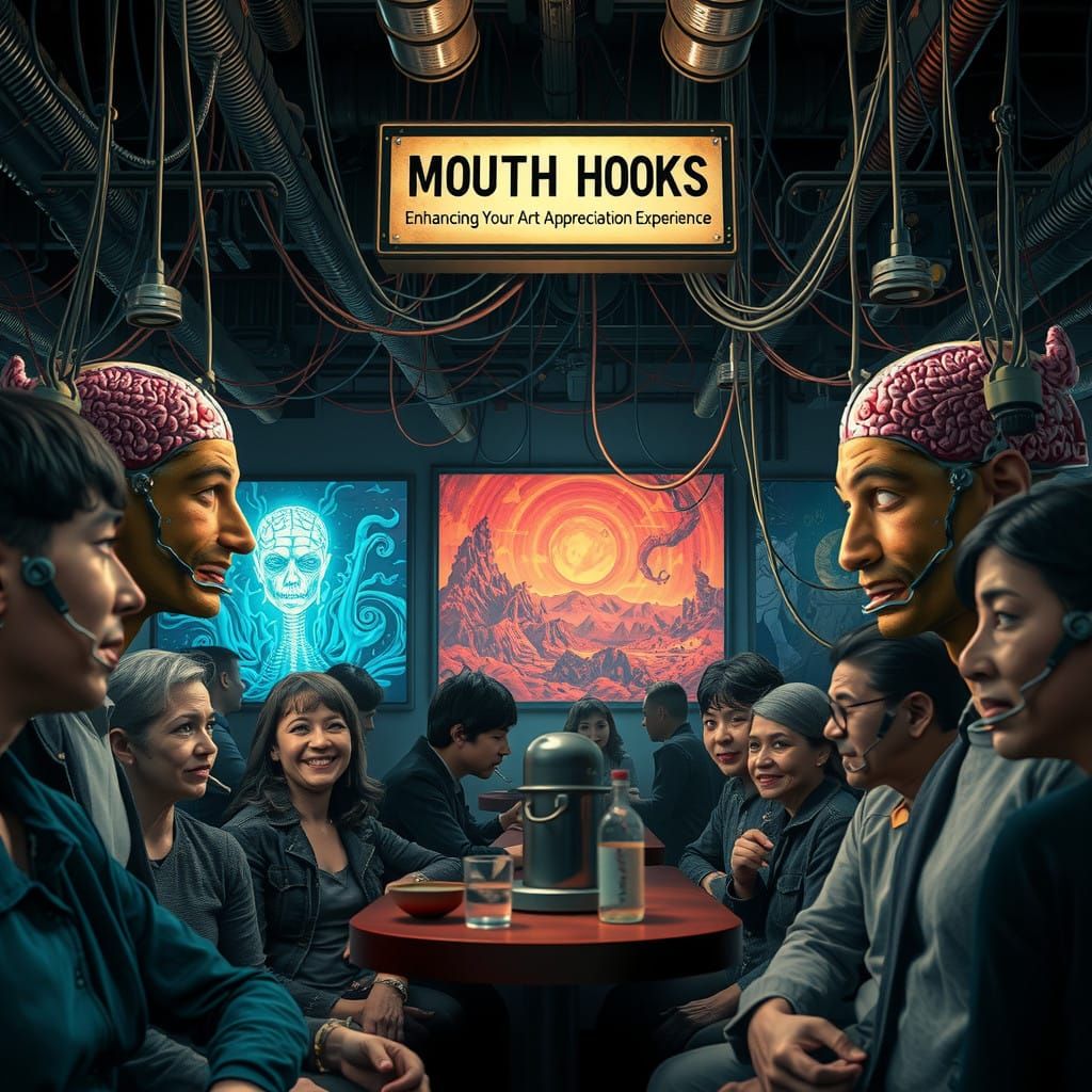 Surreal Dystopian Cafe with Biomechanical Cables and Surreal...