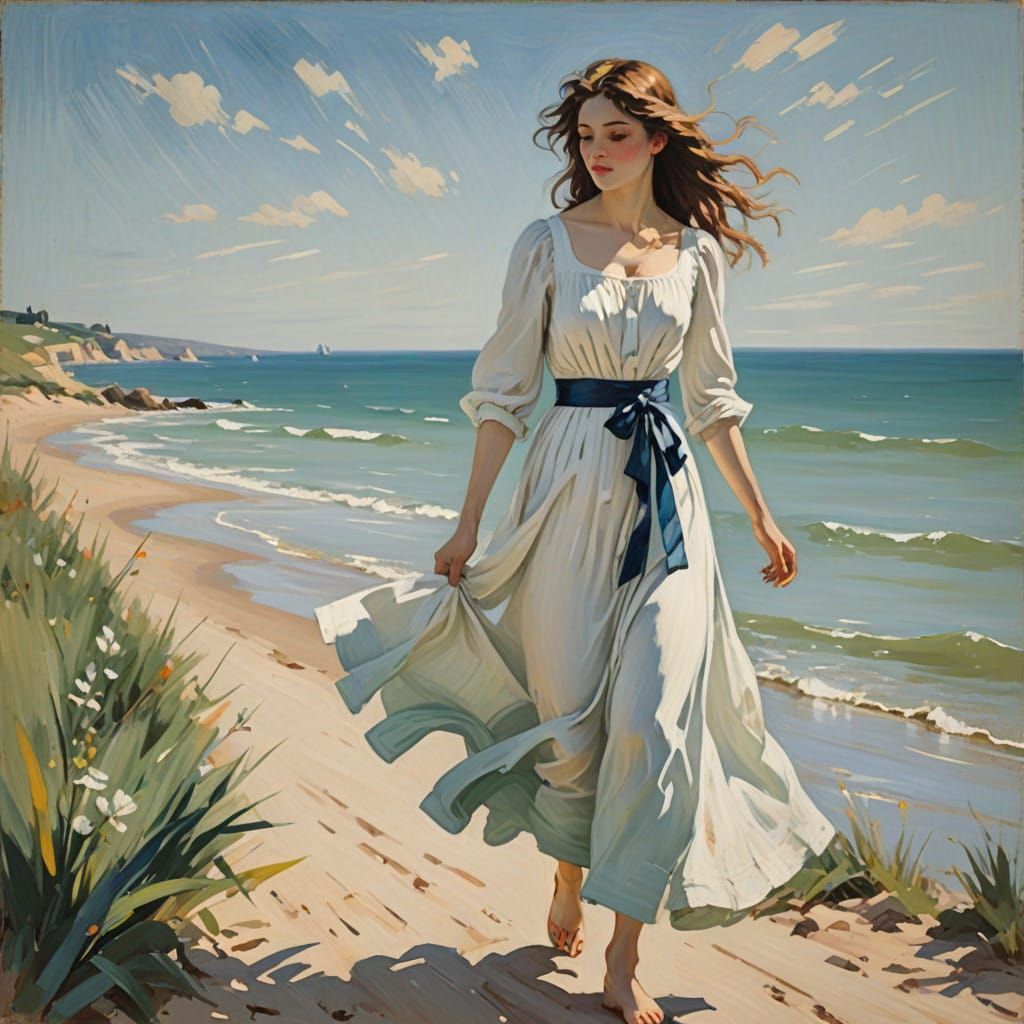 Portrait of young woman walking on a seaside