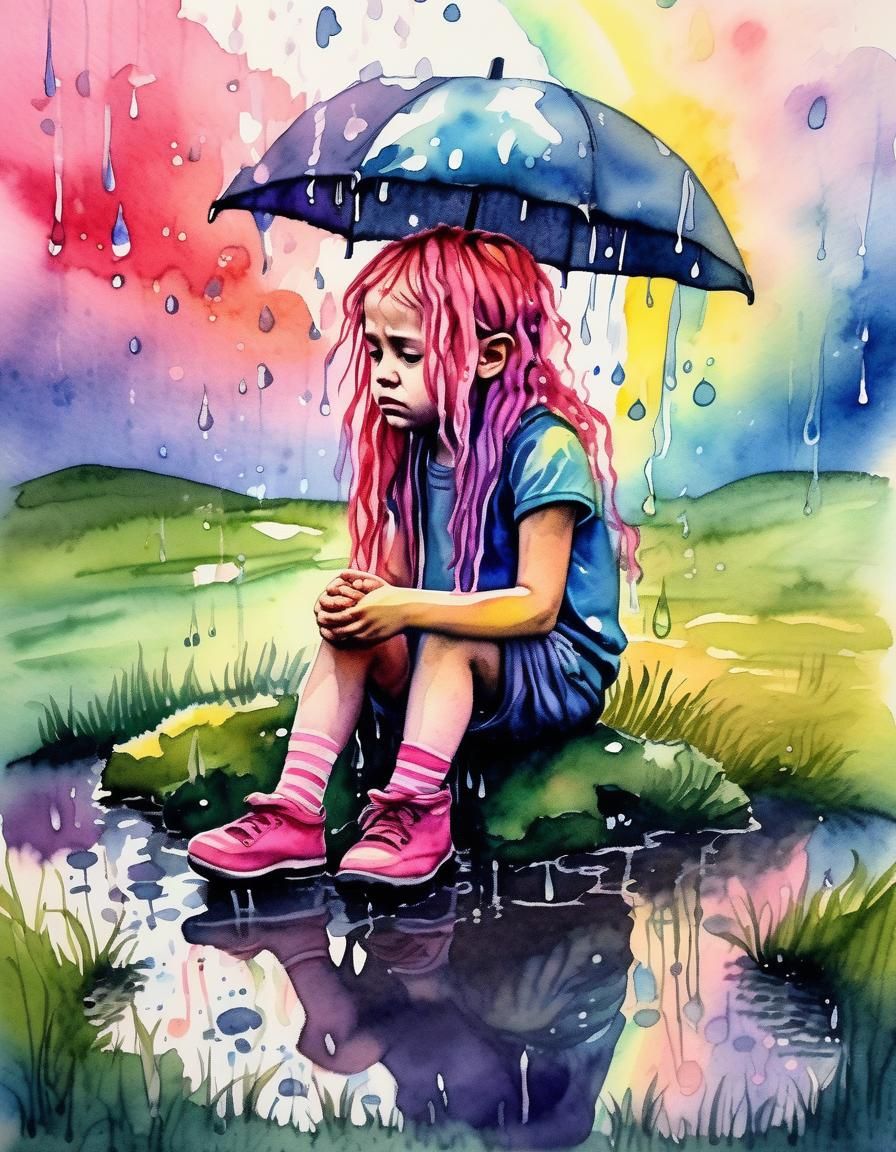 Sad Pixie Girl in Rainy Meadow, Watercolor Painting