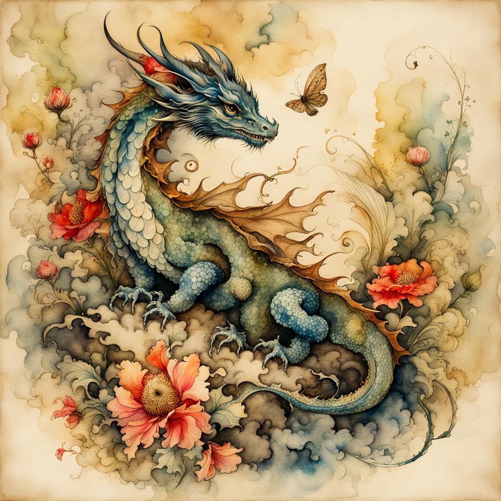 Whimsical Watercolor Baby Dragon Art on Parchment