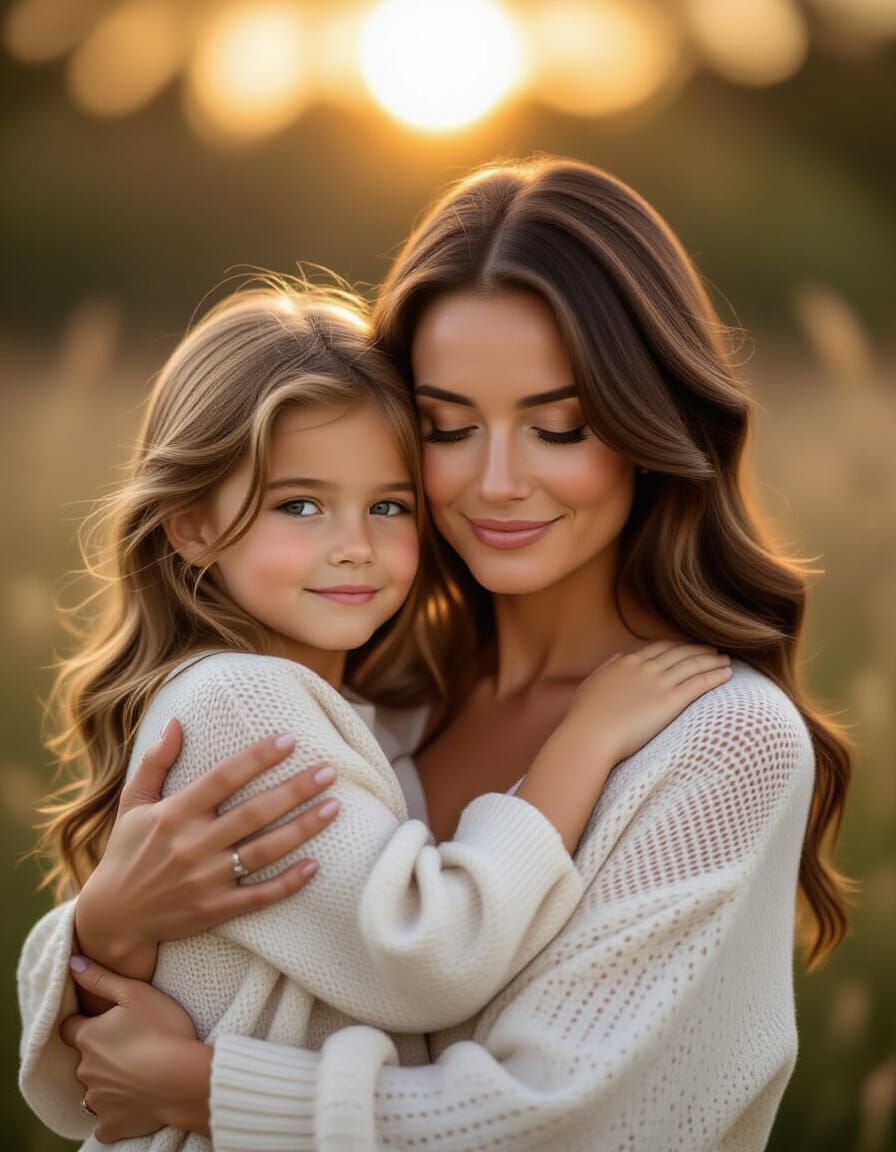 Adult Woman Embraces Younger Self in Tender Moment