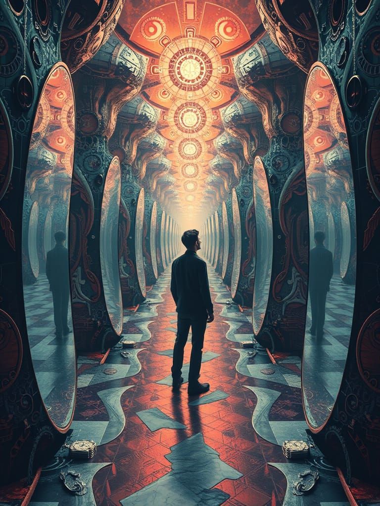Surreal Reflections: Lost in Thought in a Hall of Mirrors