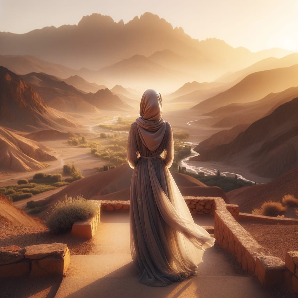 A Young Woman Contemplates Majestic Aurès Mountains at Sunri...