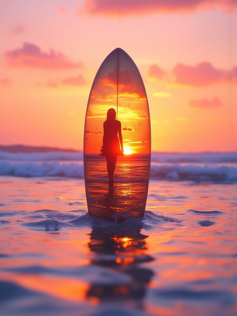 Surfboard Silhouette in Sunset Ocean Double Exposure