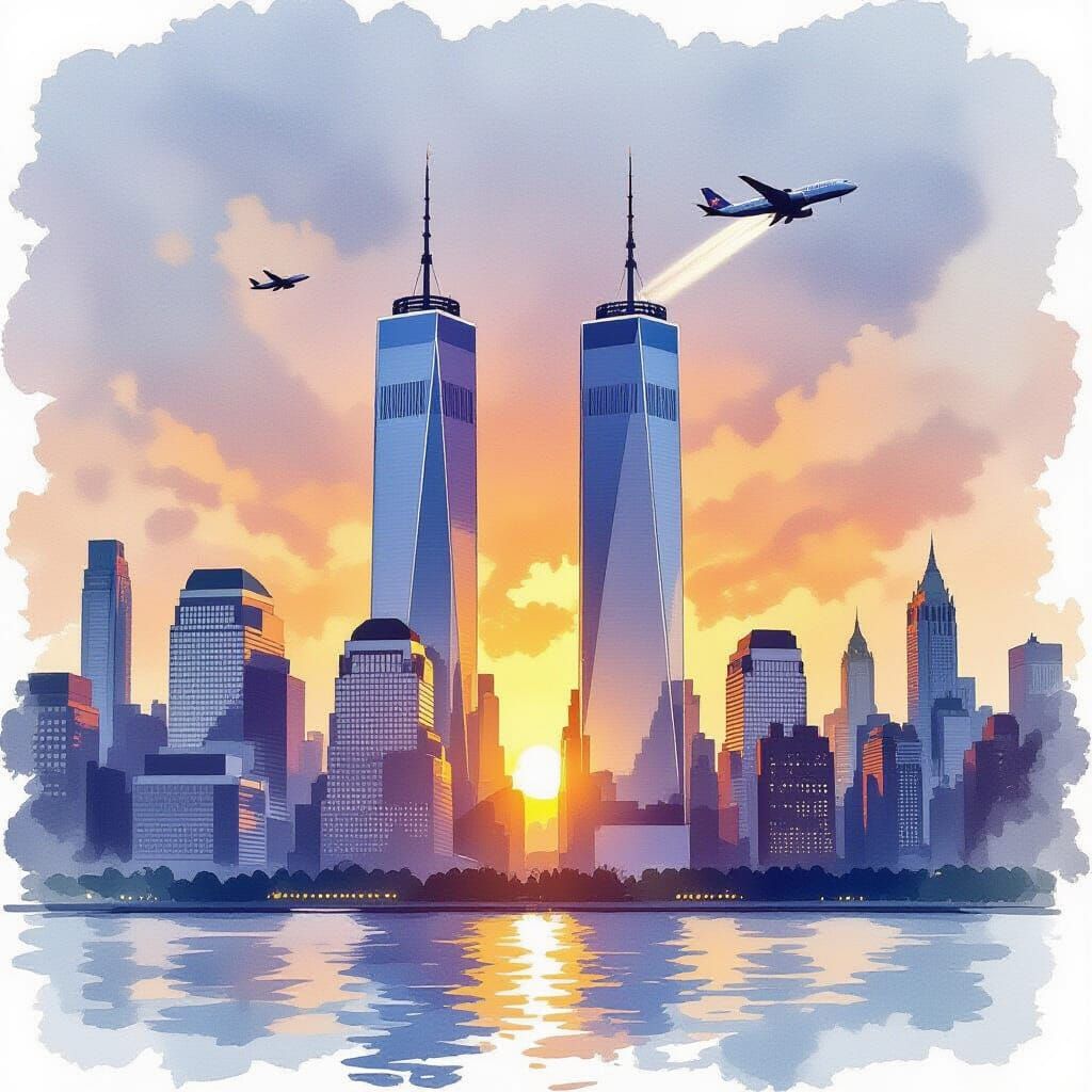 Twin Towers Memorial Illustration in Watercolor Style