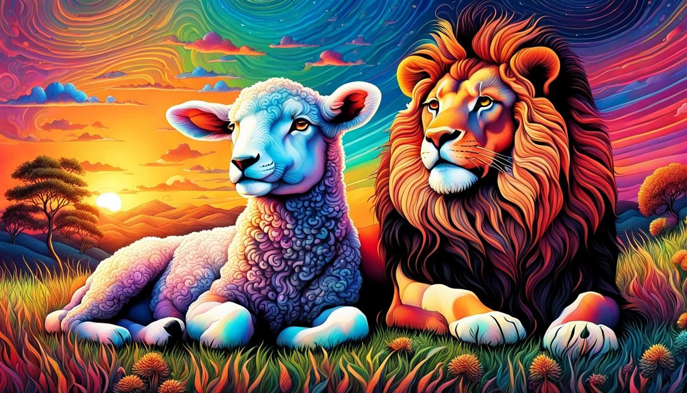Lamb and Lion Resting in Colorful Meadow